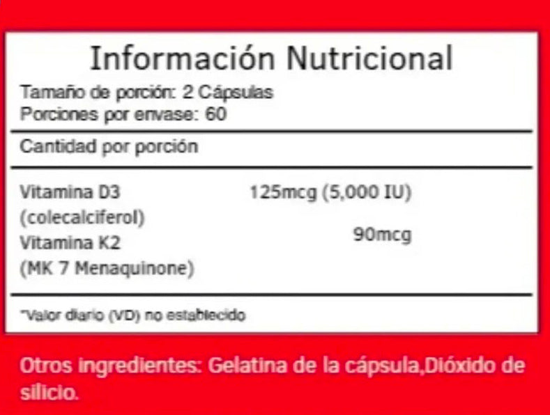 Vitamina D3 5000 UI + Vitamina K2 (120 cápsulas)